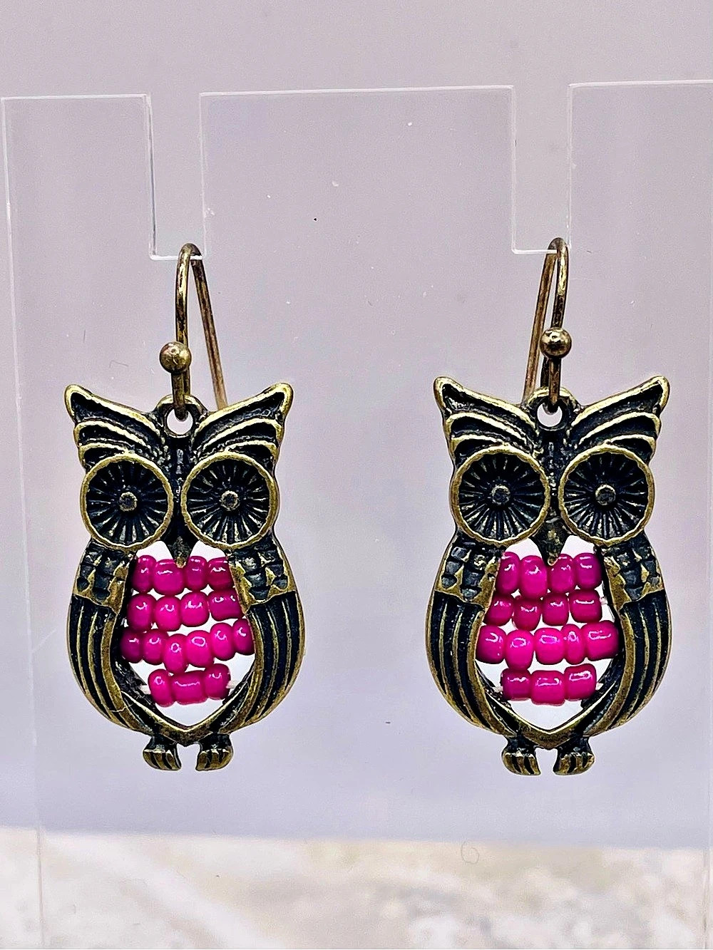 Owl Drop Dangle Earrings in Black & Pink. Gold tone